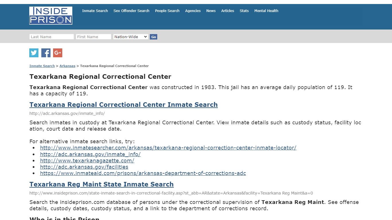 Texarkana Regional Correctional Center - Inmate Search